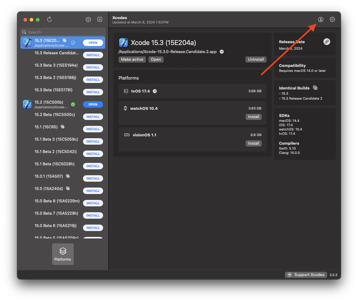 Xcodes app main window showing Account icon in the upper right corner