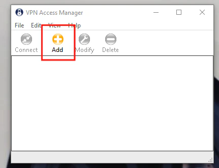 Shrew Soft VPN Access Manager with Add button highlighted