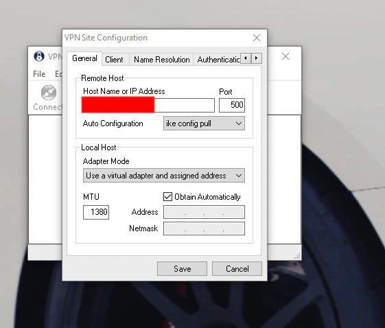 Shrew Soft VPN site configuration with firewall WAN IP address field