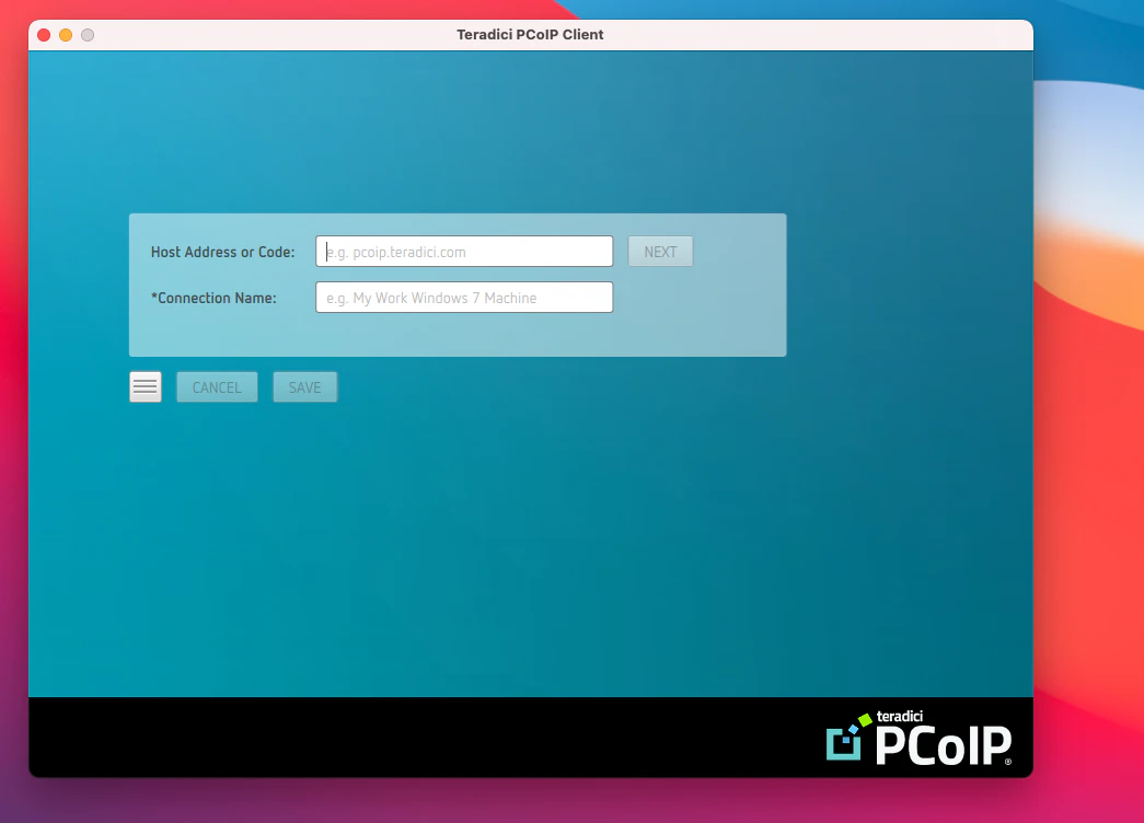 HP Anyware PCoIP client connection screen with server address field