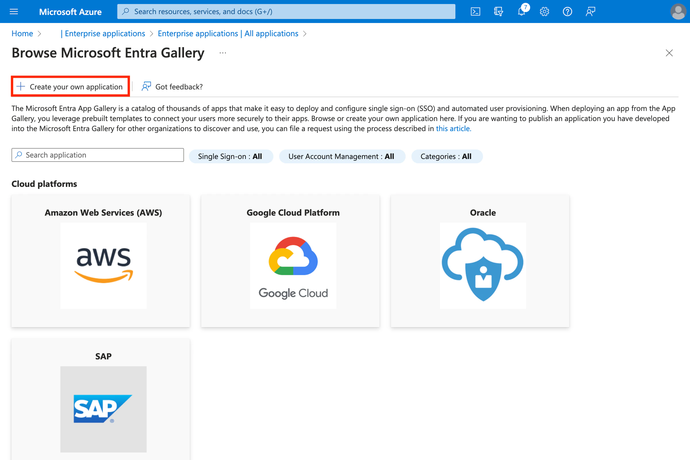 Azure Browse gallery page with Create your own application button