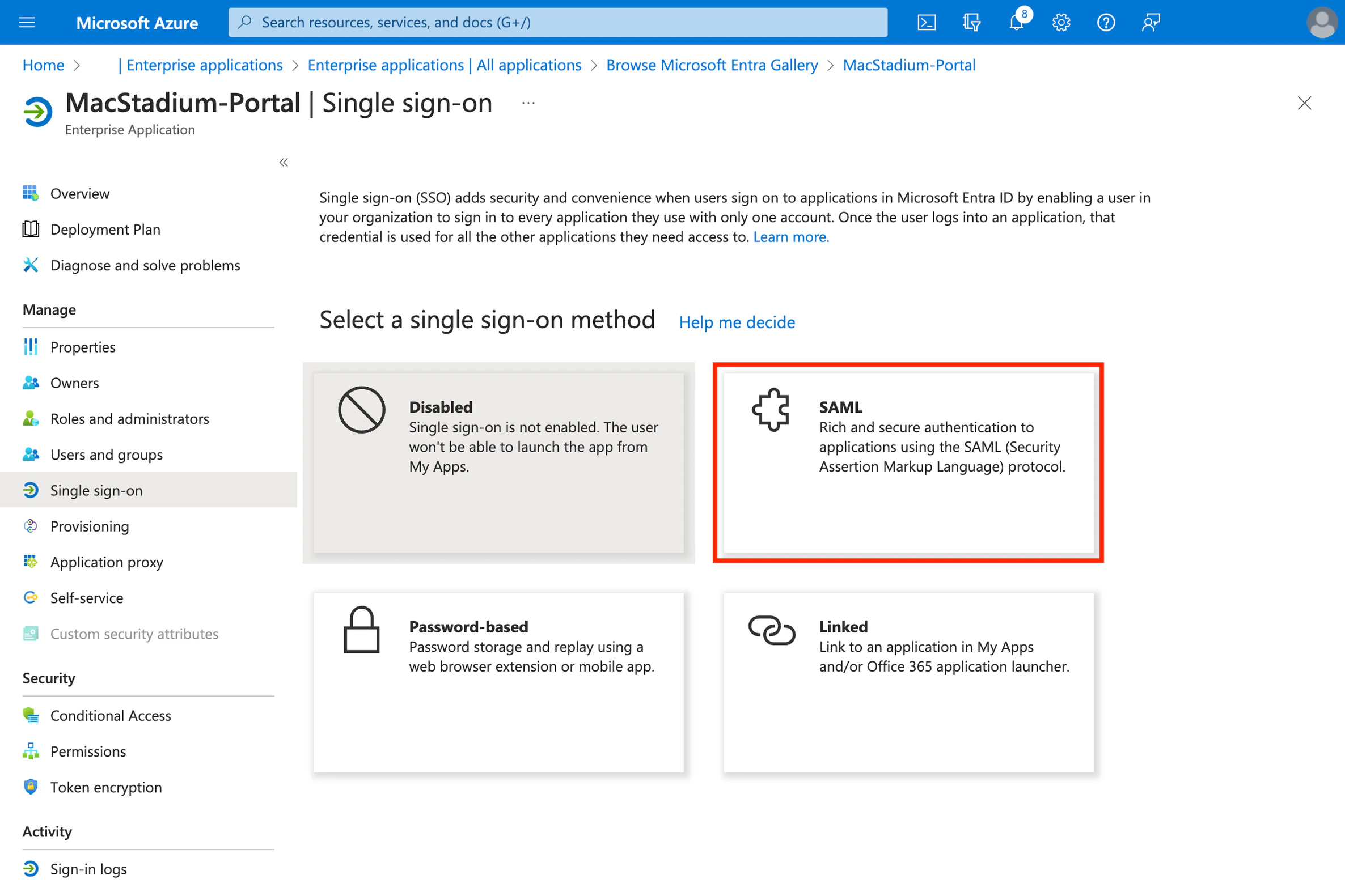 Azure Single sign-on method selection with SAML option highlighted