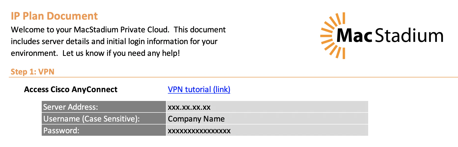 MacStadium IP Plan showing VPN connection information and credentials