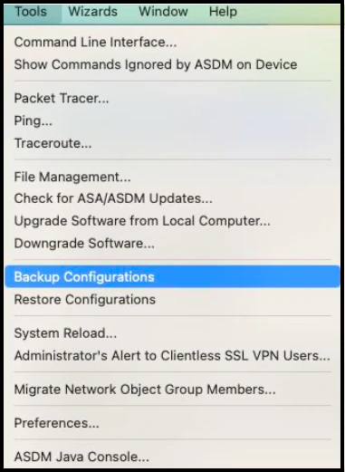 ASDM Tools menu with Backup Configuration option highlighted