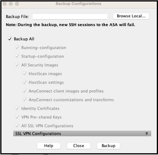ASDM Backup Configuration dialog with file name and location fields