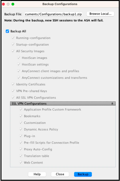 ASDM Backup Configuration dialog with Backup All option and Backup button