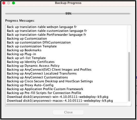 ASDM Backup Statistics window showing backup progress and details