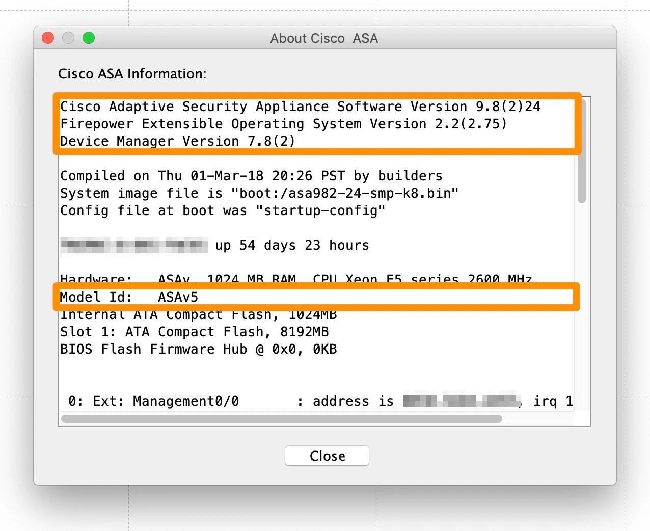 ASDM About dialog showing software version, device manager version, and model ID