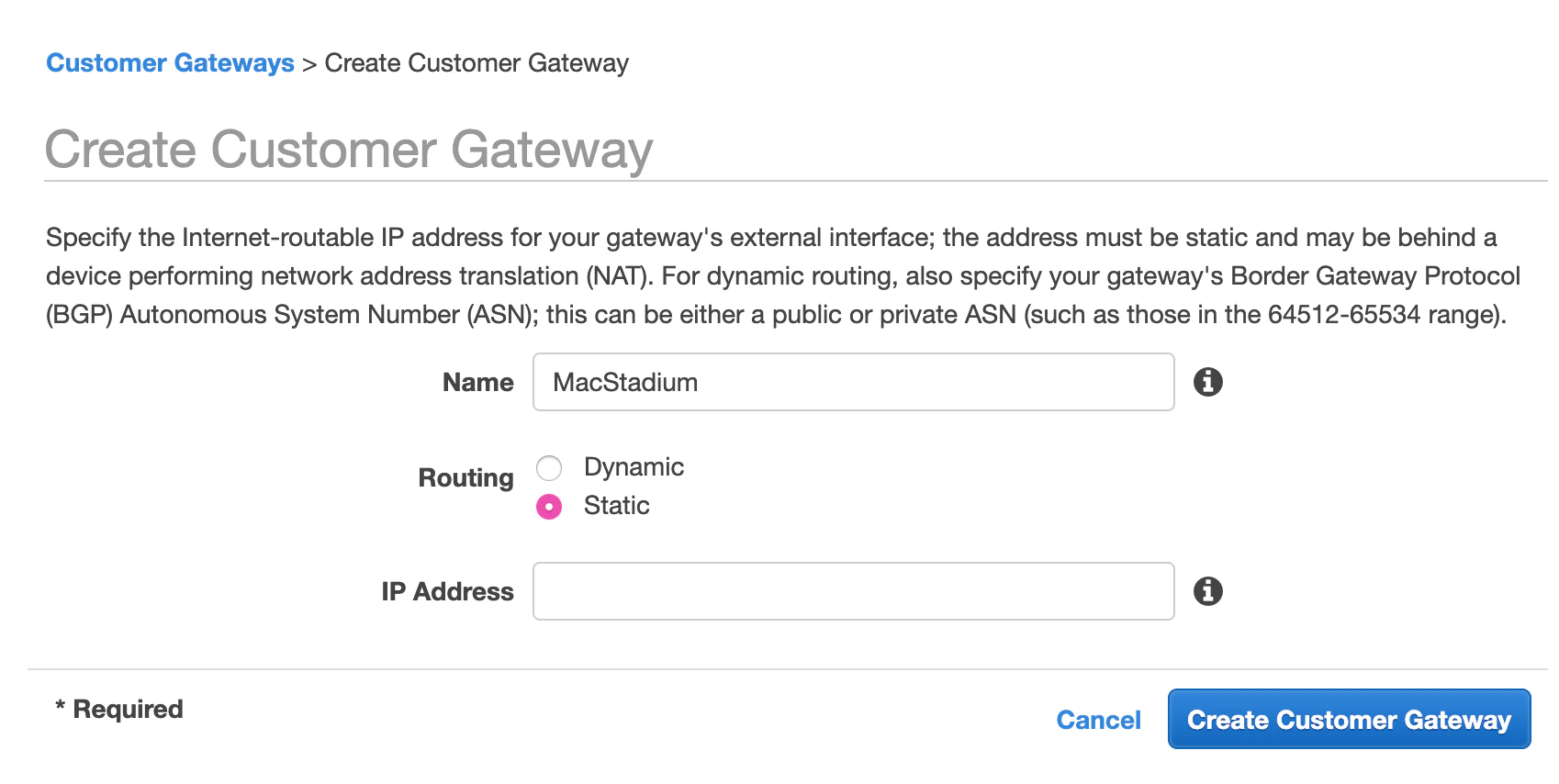 AWS Create Customer Gateway form with routing and IP address fields