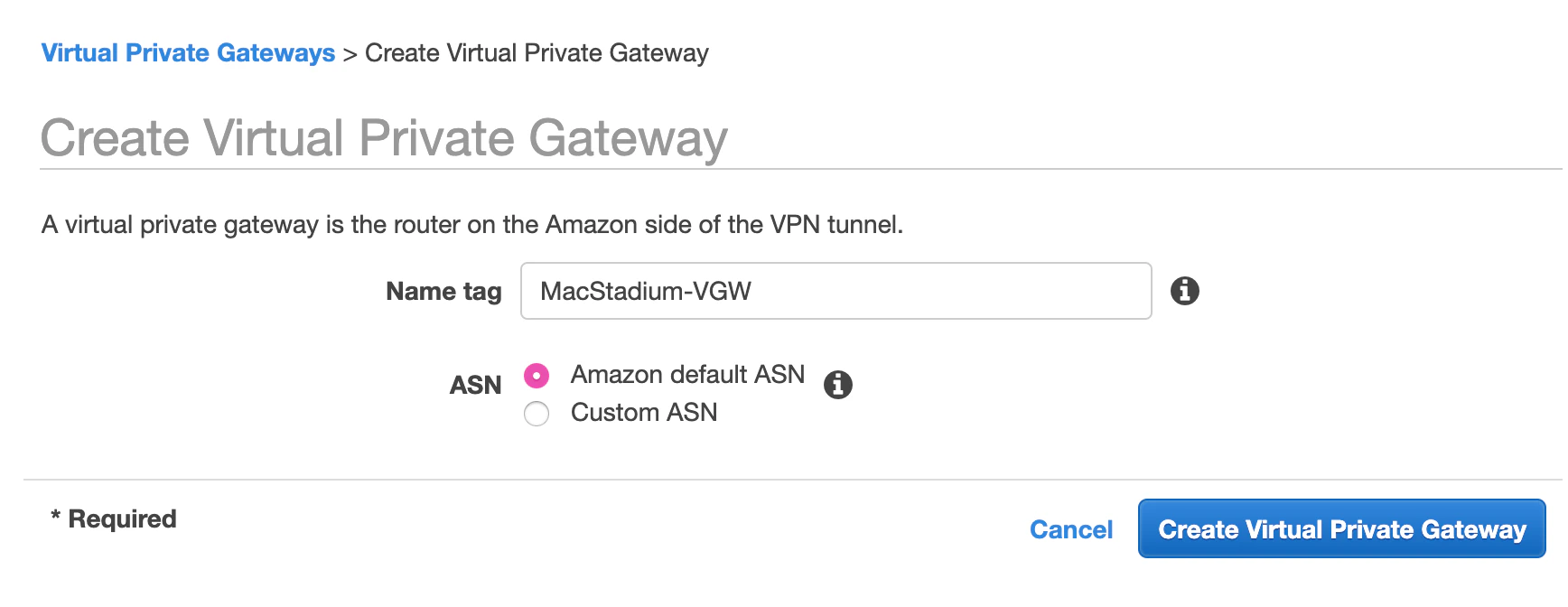 AWS Create Virtual Private Gateway form with name and ASN fields