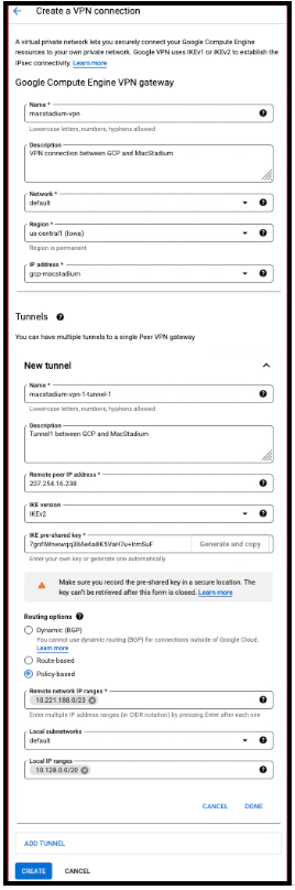 GCP Classic VPN tunnel creation confirmation screen