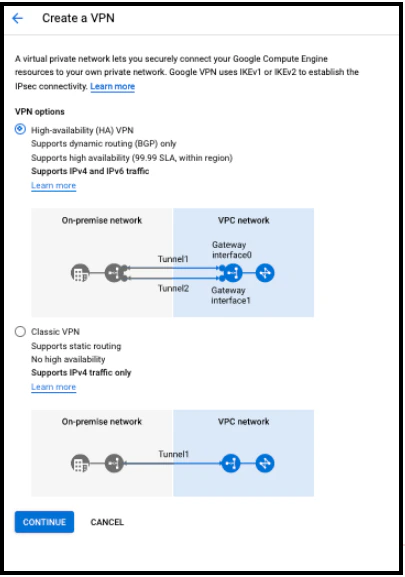 GCP HA VPN gateway configuration form with name and network fields