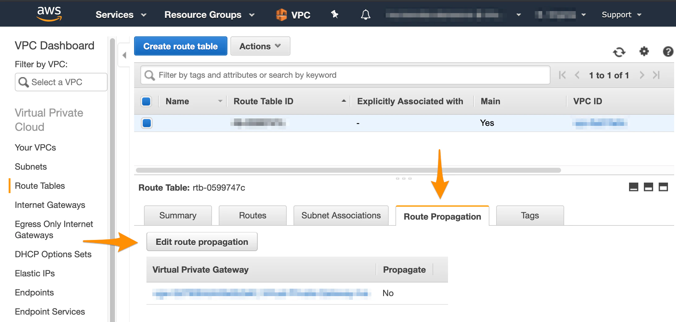 AWS Route Table Route Propagation tab with Propagate checkbox enabled