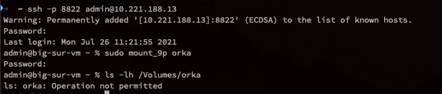 Terminal showing "orka: Operation not permitted" SSH error