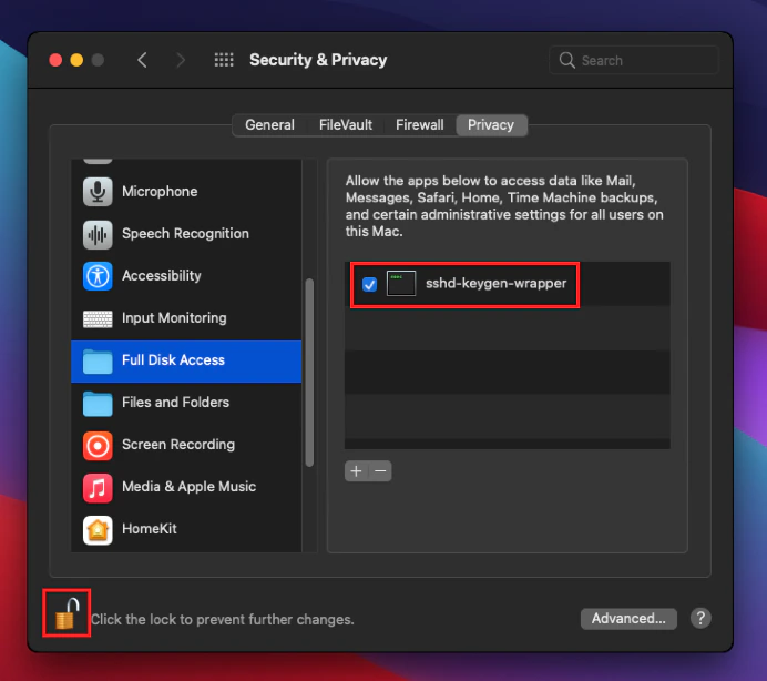 Full Disk Access list with sshd-keygen-wrapper checkbox selected