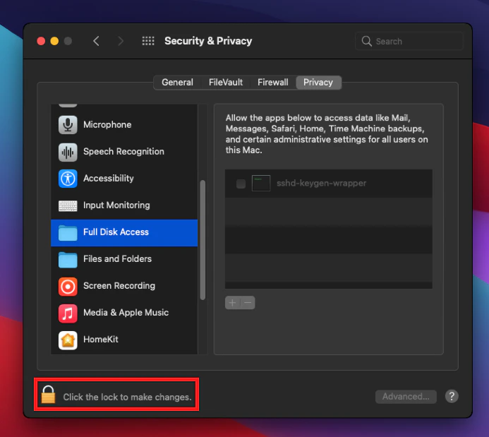 macOS Security and Privacy Full Disk Access settings with padlock