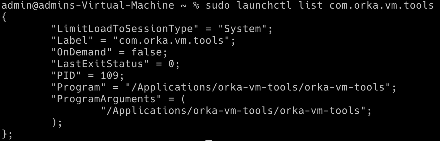 Terminal output of launchctl list showing Orka VM Tools running