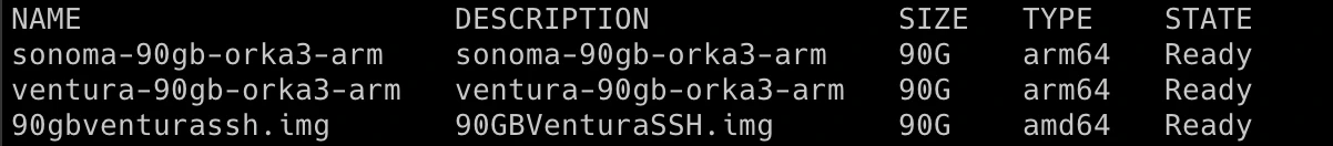 Orka image list showing arm64 and amd64 image types