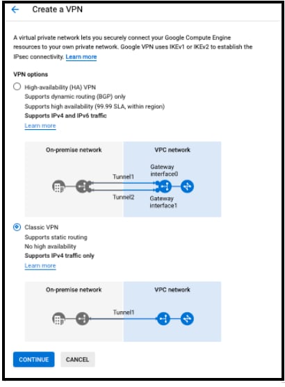 GCP Classic VPN gateway and tunnel configuration form completed