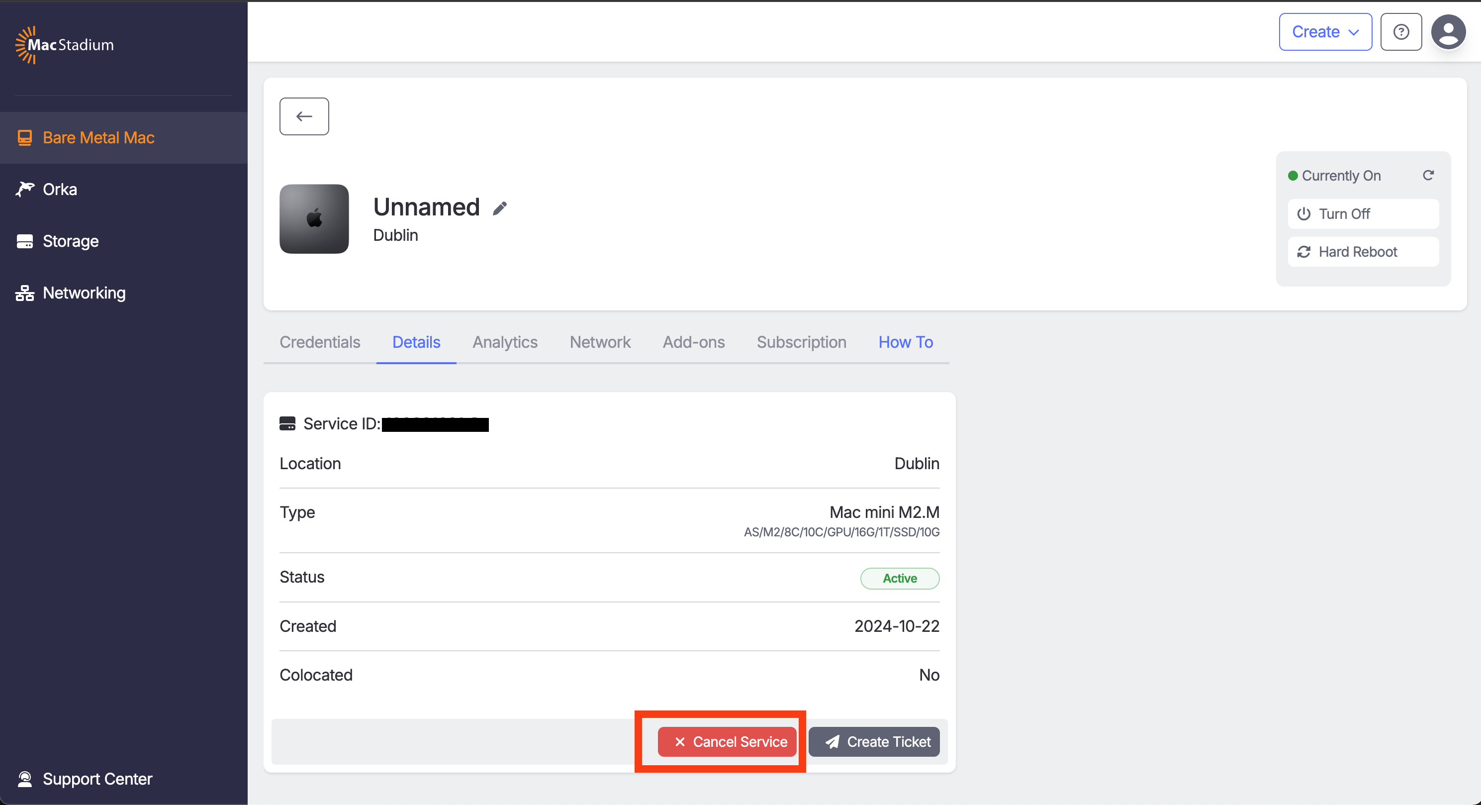 MacStadium Portal subscription Details tab with Cancel Service button highlighted
