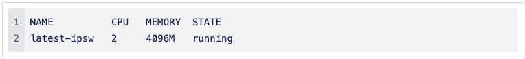 Terminal output of orka-engine vm list showing a VM named latest-ipsw with 2 CPUs, 4096M memory, in running state