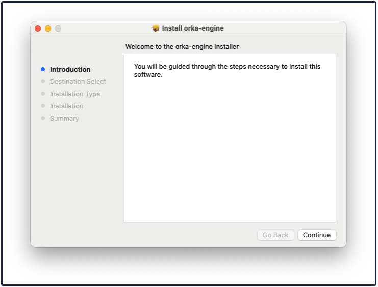 macOS installer window for orka-engine showing the Introduction step