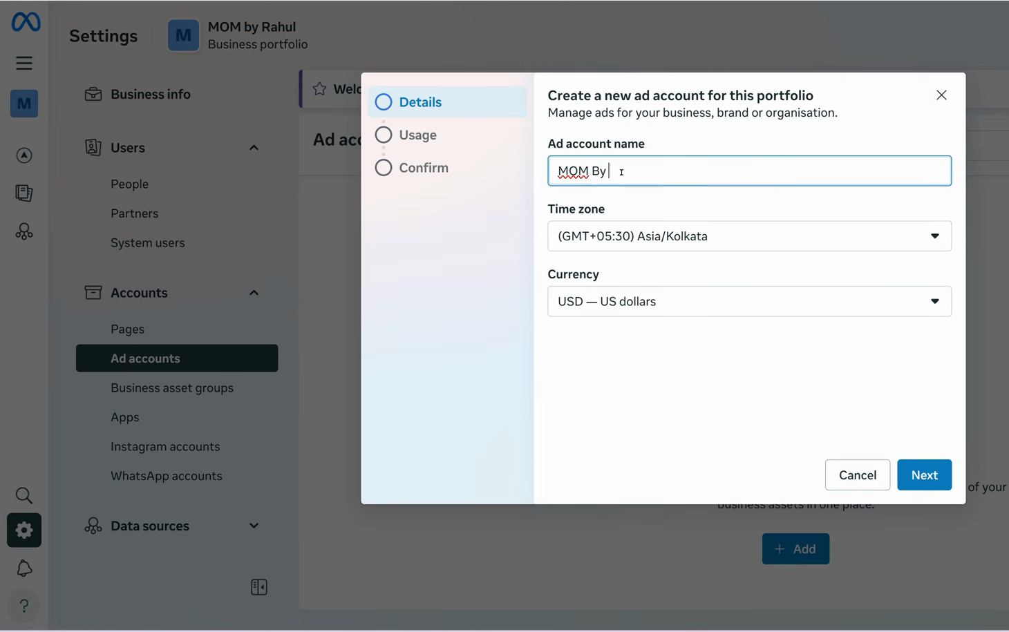 Create a new ad account dialog