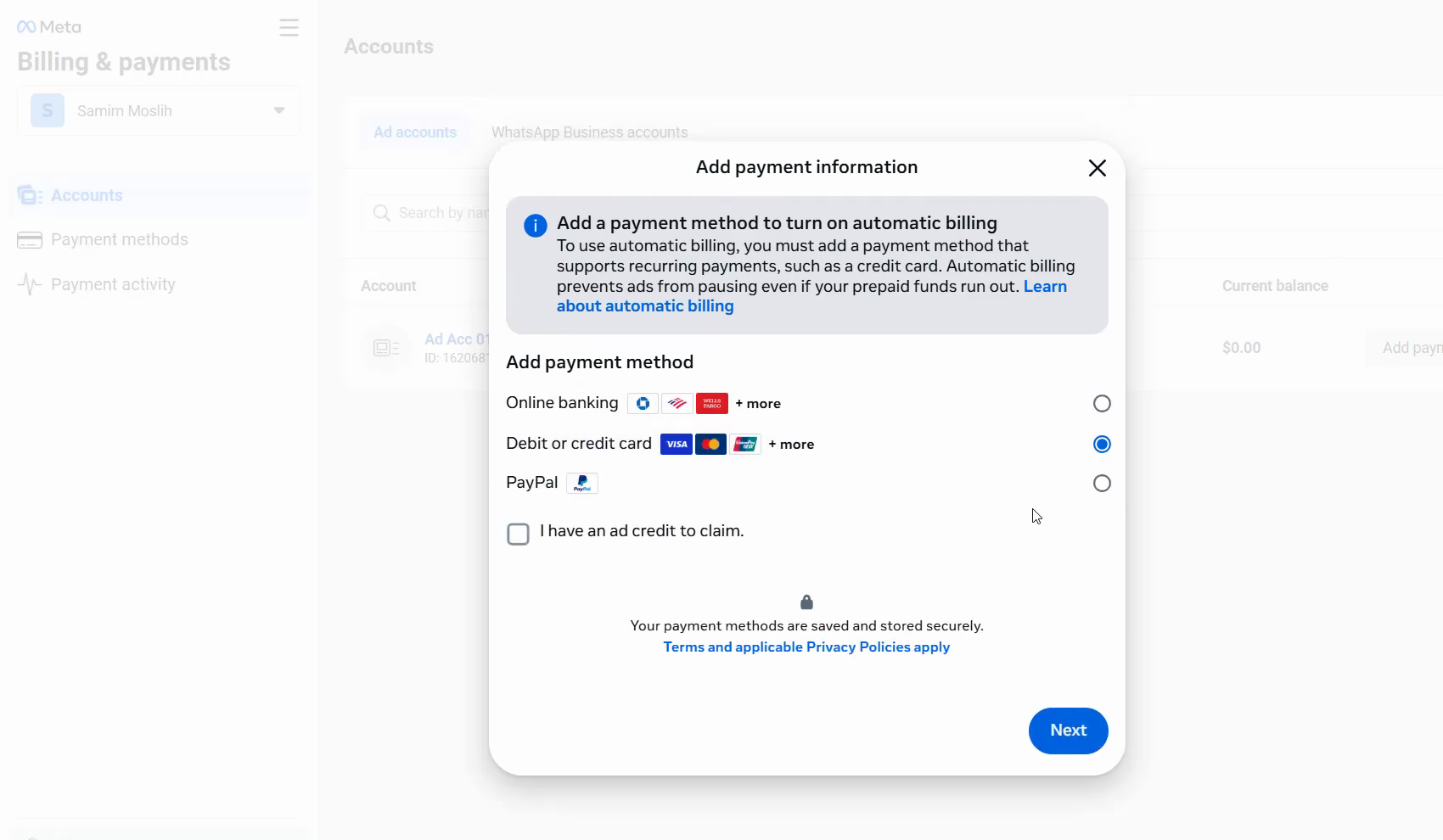 Add payment method dialog