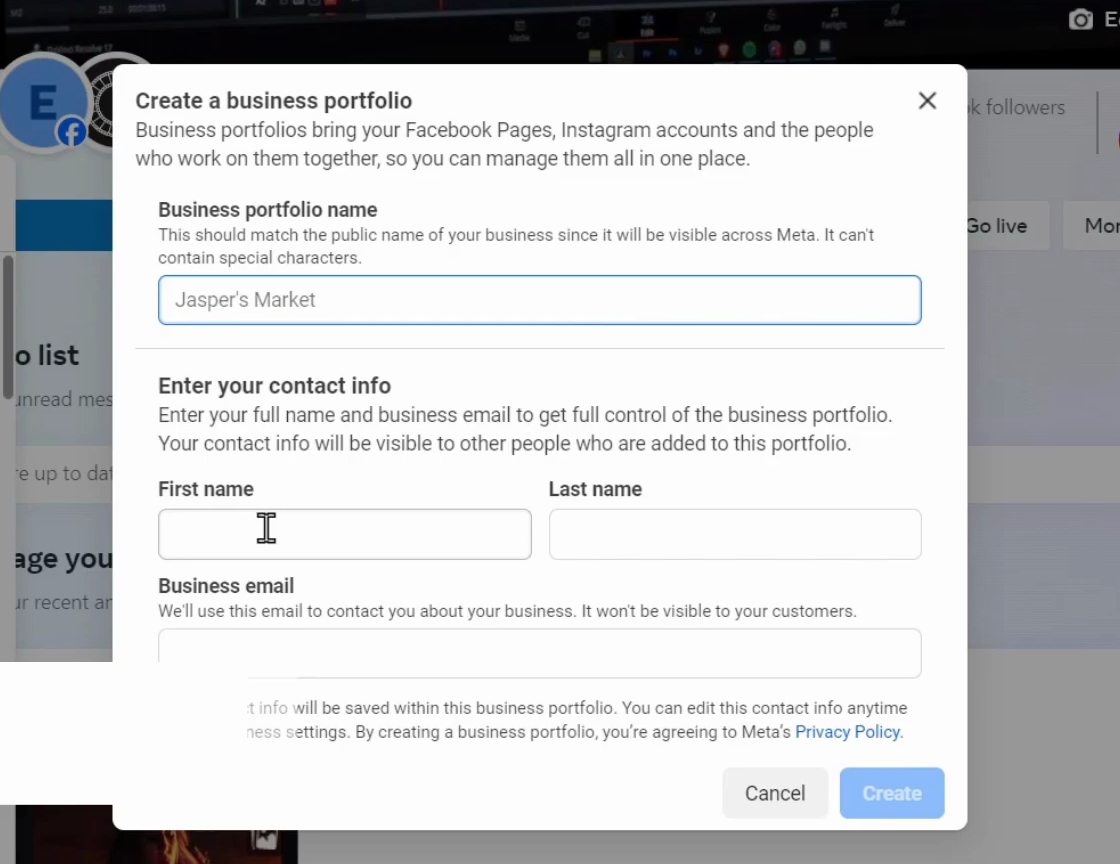 Create a business portfolio dialog