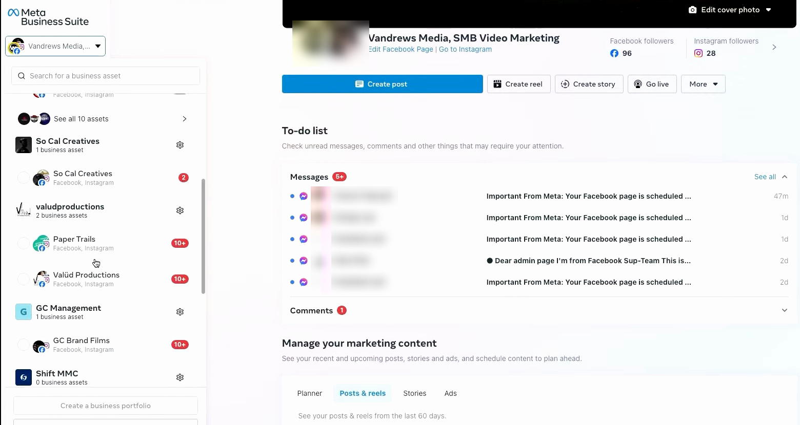 Create a business portfolio in the Business Suite dropdown