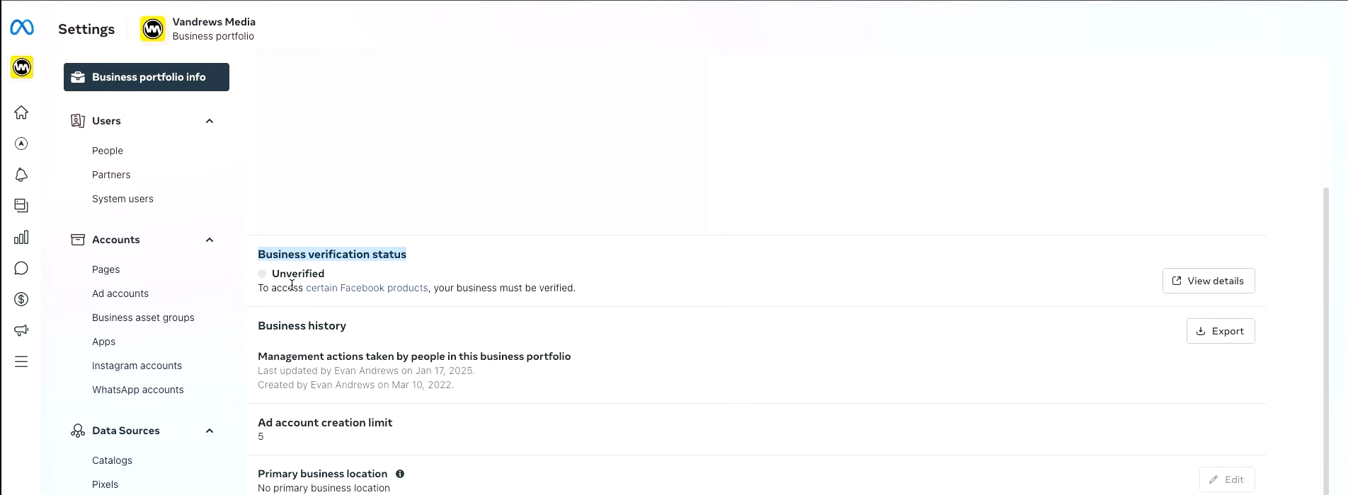 Business portfolio info page