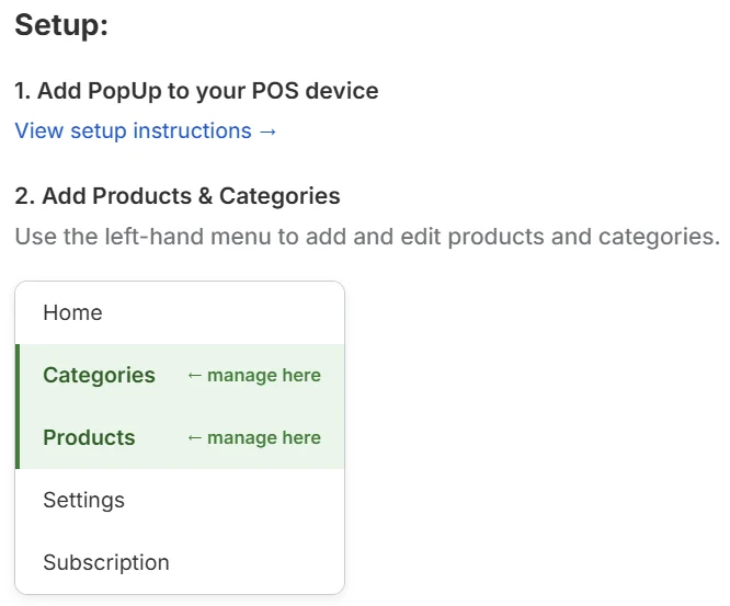 Setup screen showing how to navigate to products and categories