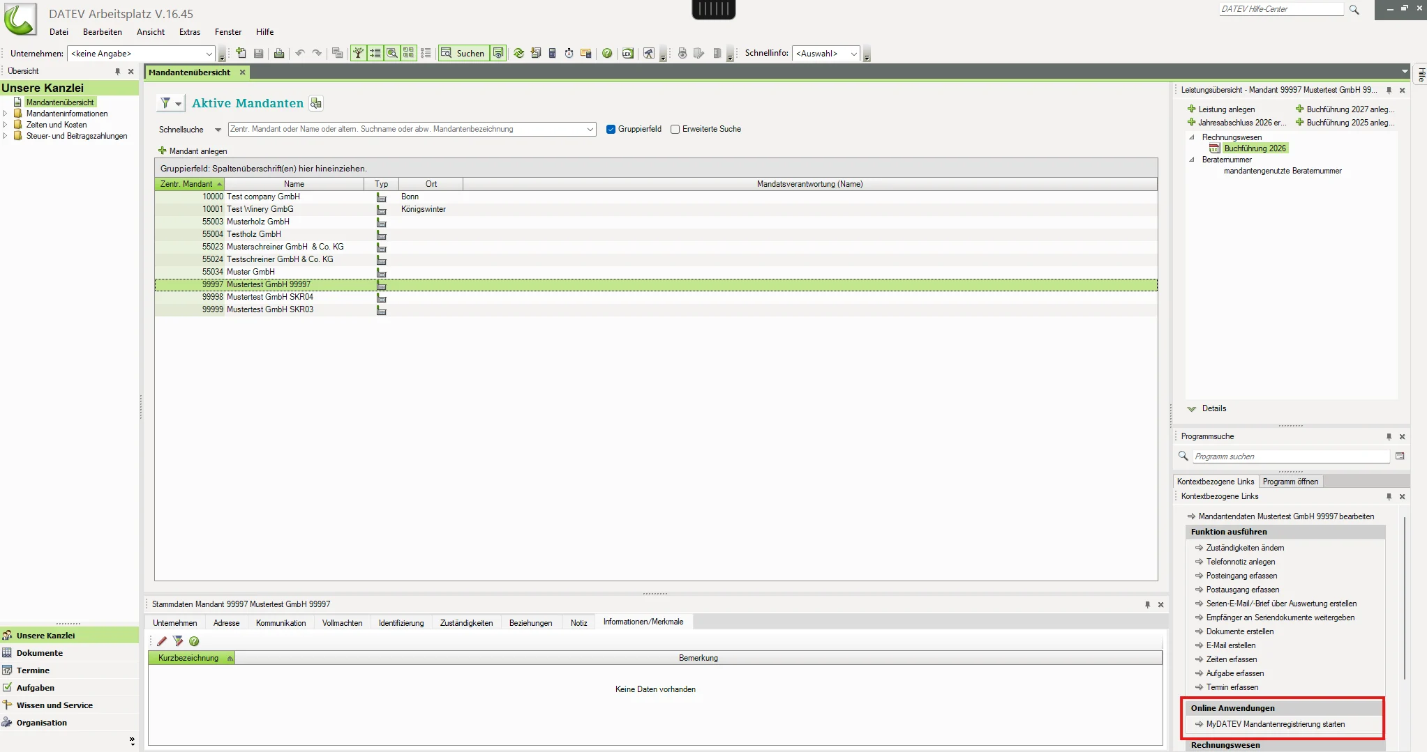 Image showing DATEV client overview with link to Mandantenregistrierung