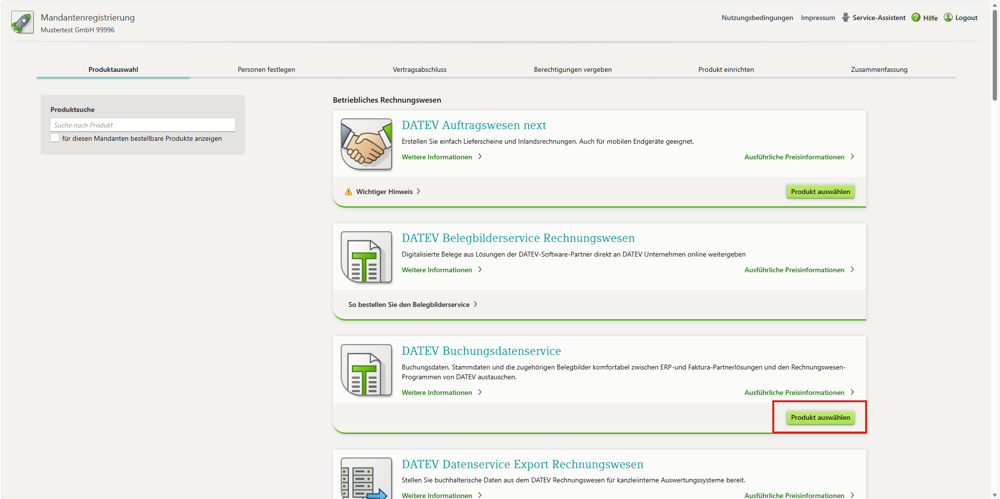 Image showing service selection in Mandantenregistrierung
