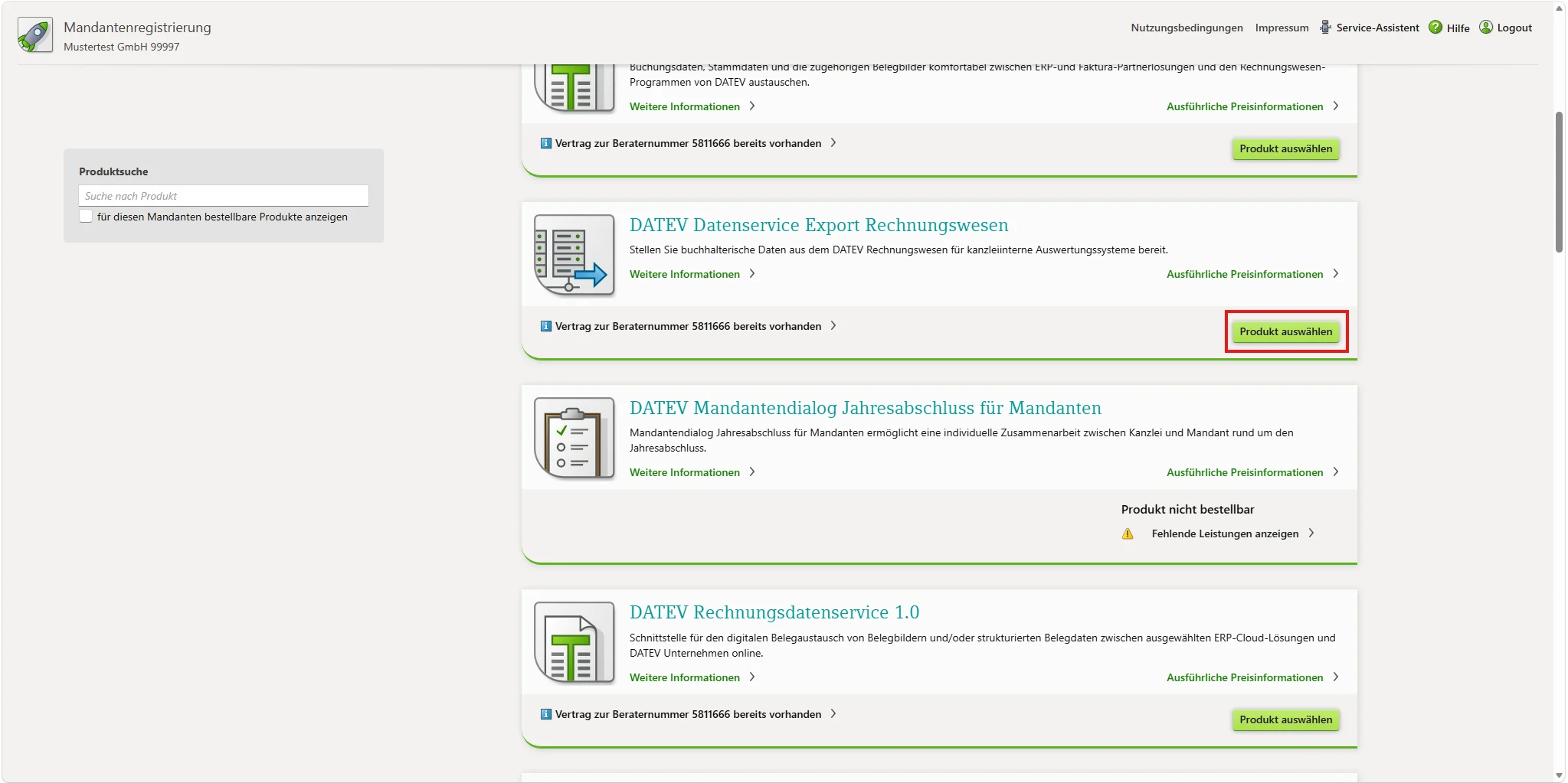 Image showing service selection in Mandantenregistrierung