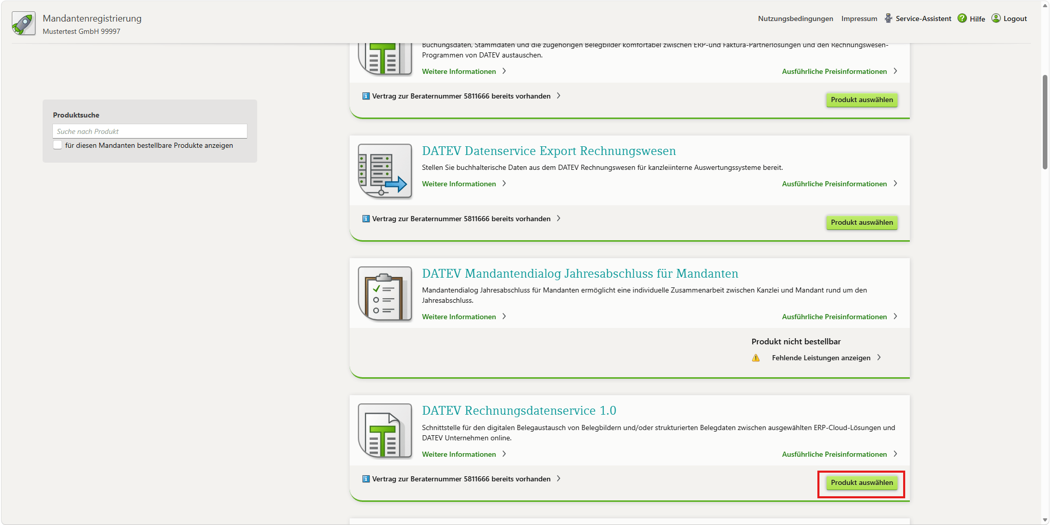 Image showing service selection in Mandantenregistrierung