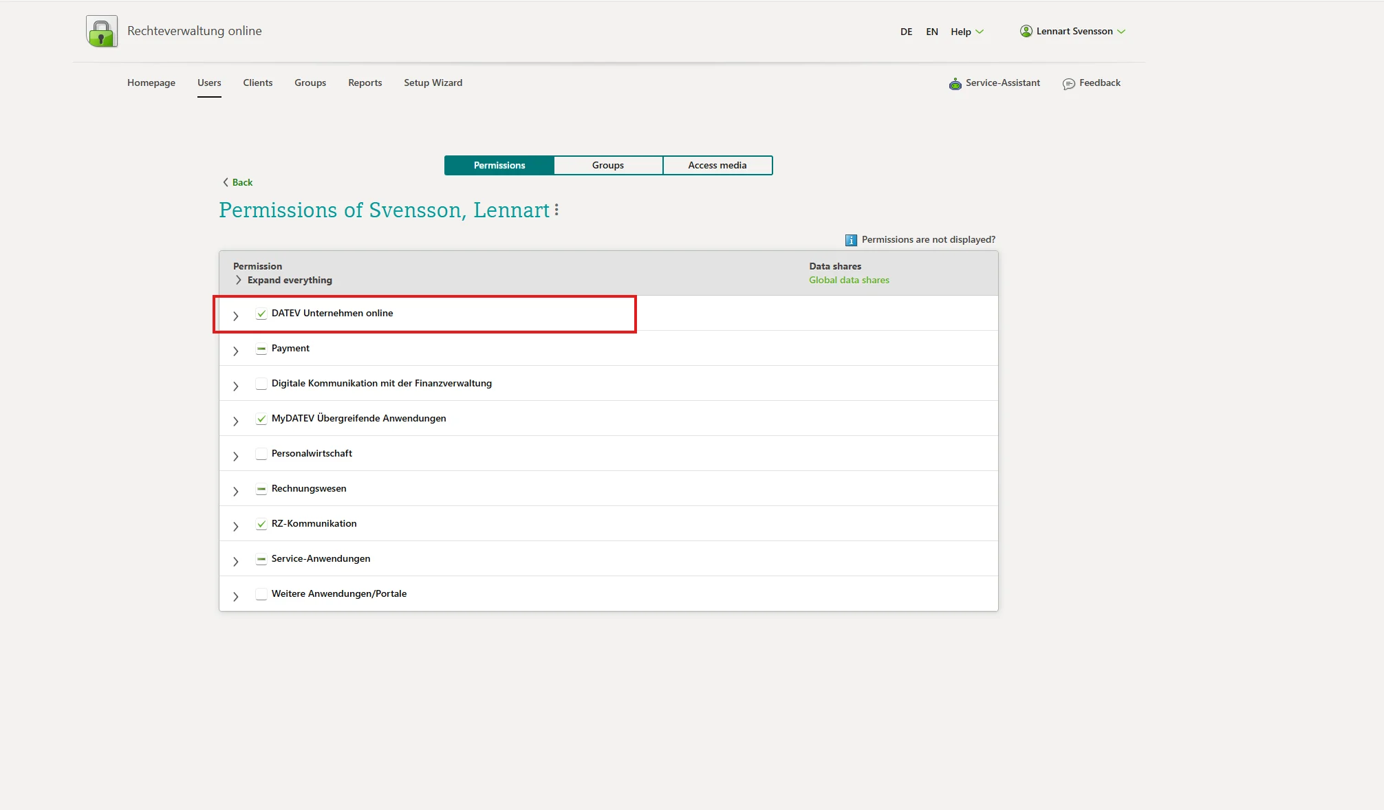 Image showing service selection in Mandantenregistrierung