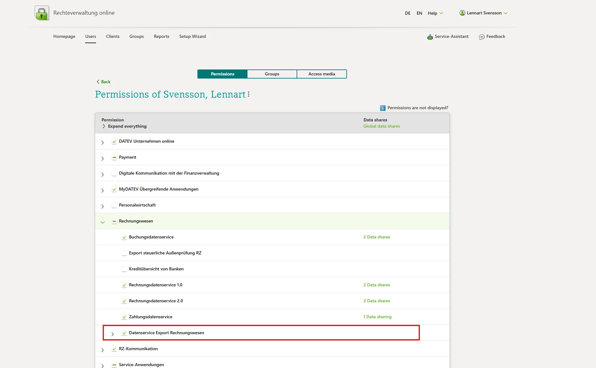 Image showing service selection in Mandantenregistrierung