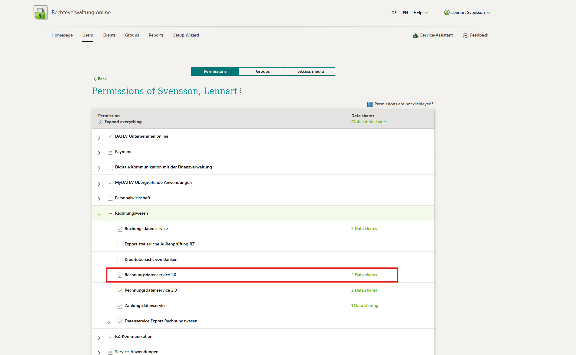 Image showing service selection in Mandantenregistrierung