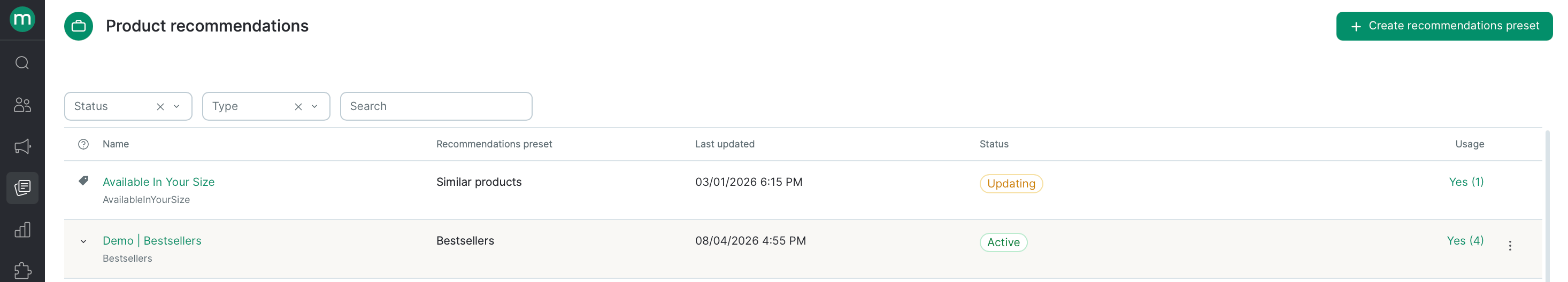 Recommendations page showing preset status