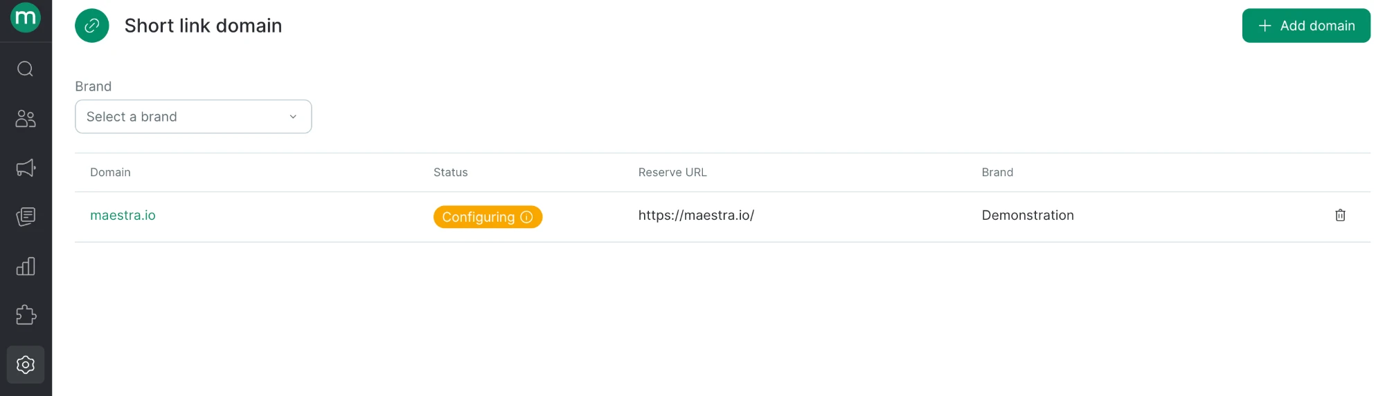 Domain status on the Short link domain page