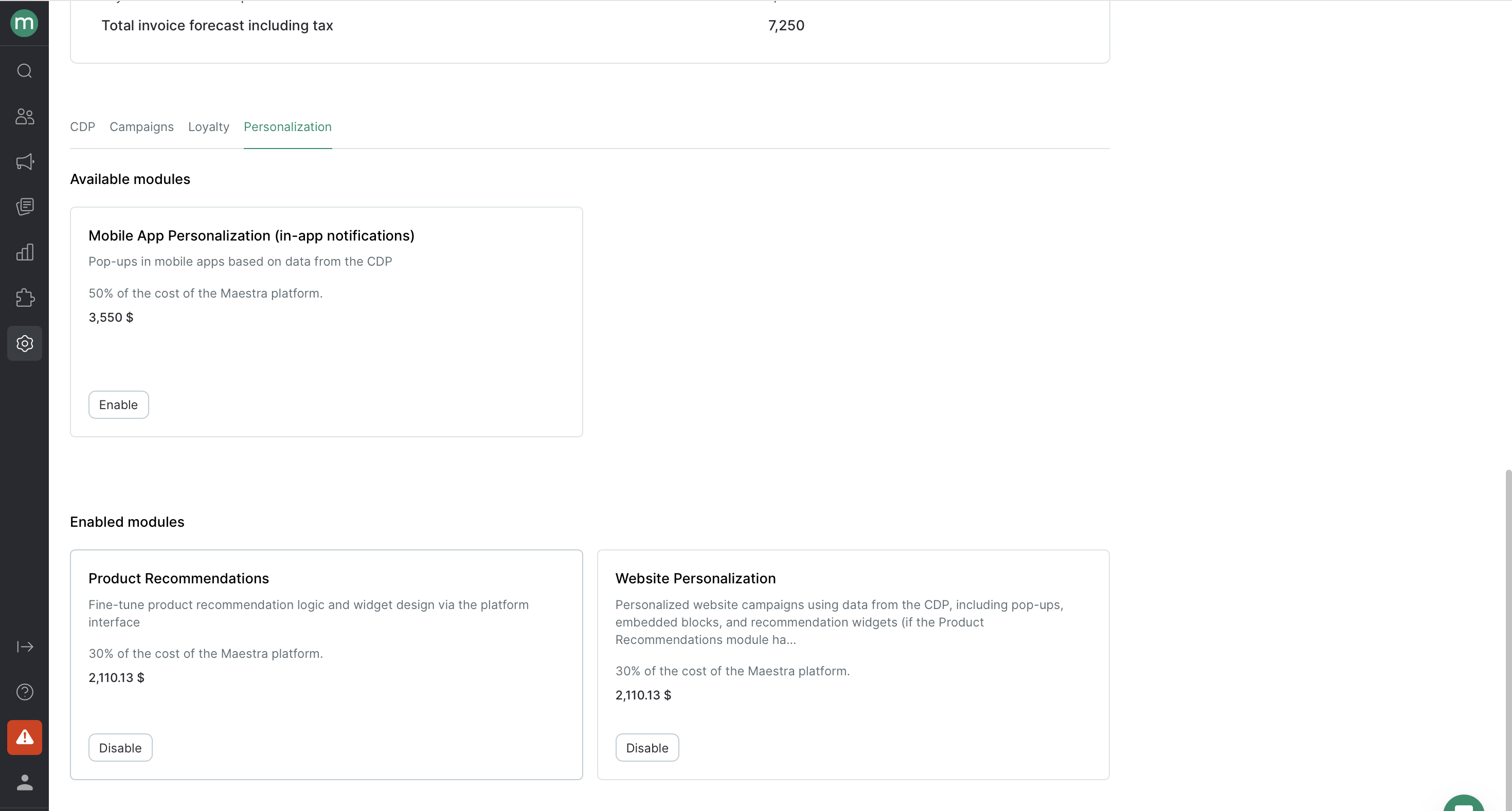 Enabled modules grouped into tabs by product area