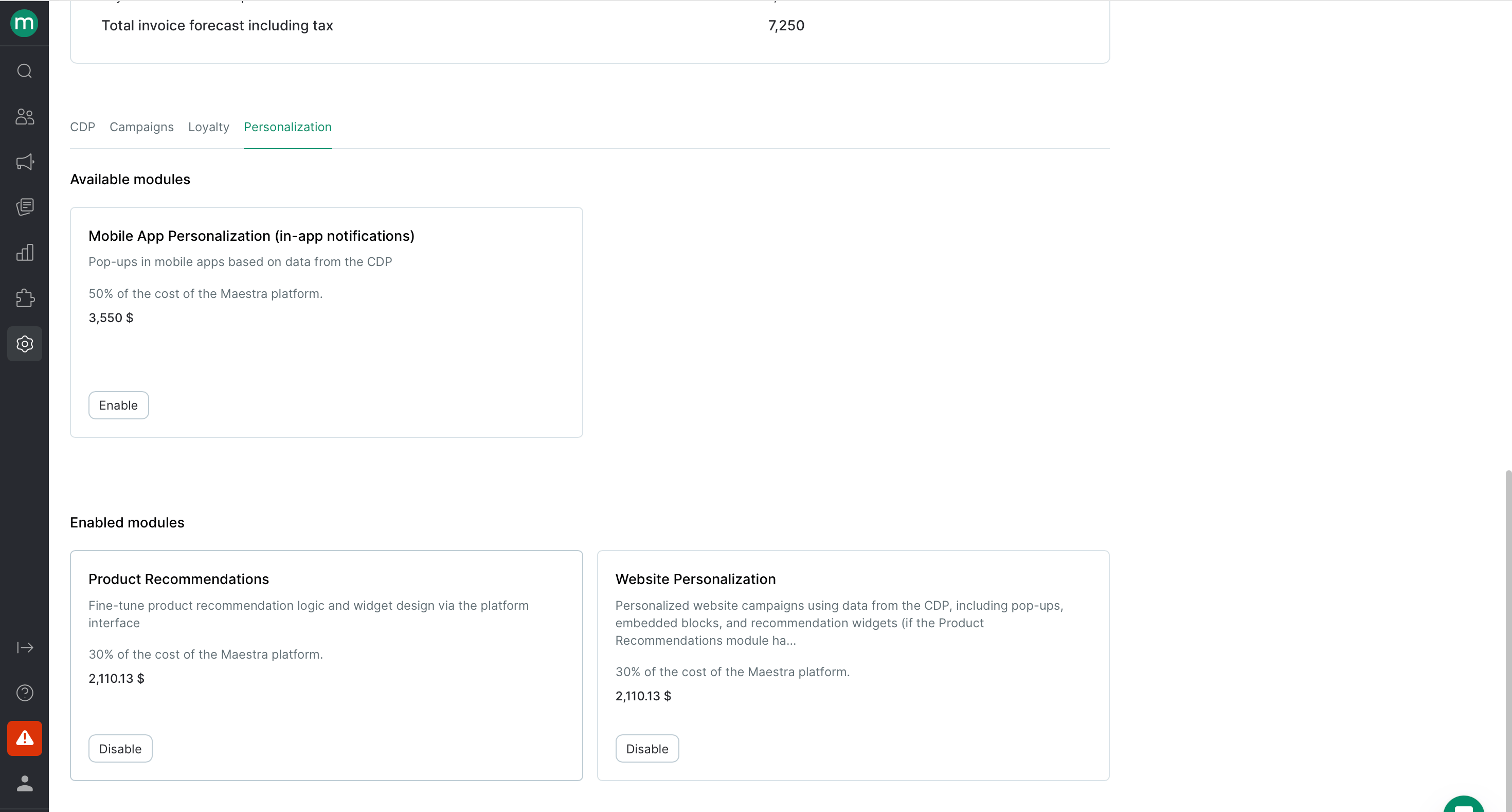Enabled modules grouped into tabs by product area