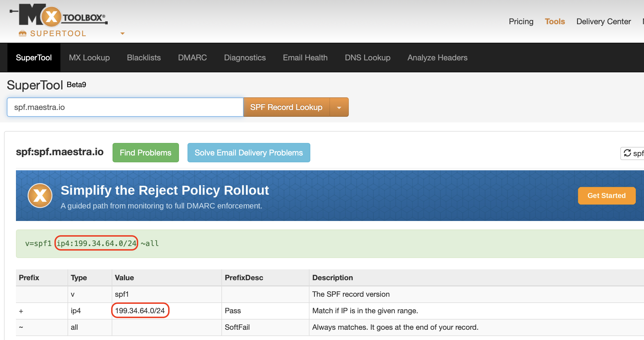 SPF Record Lookup results for spf.maestra.io on MxToolbox