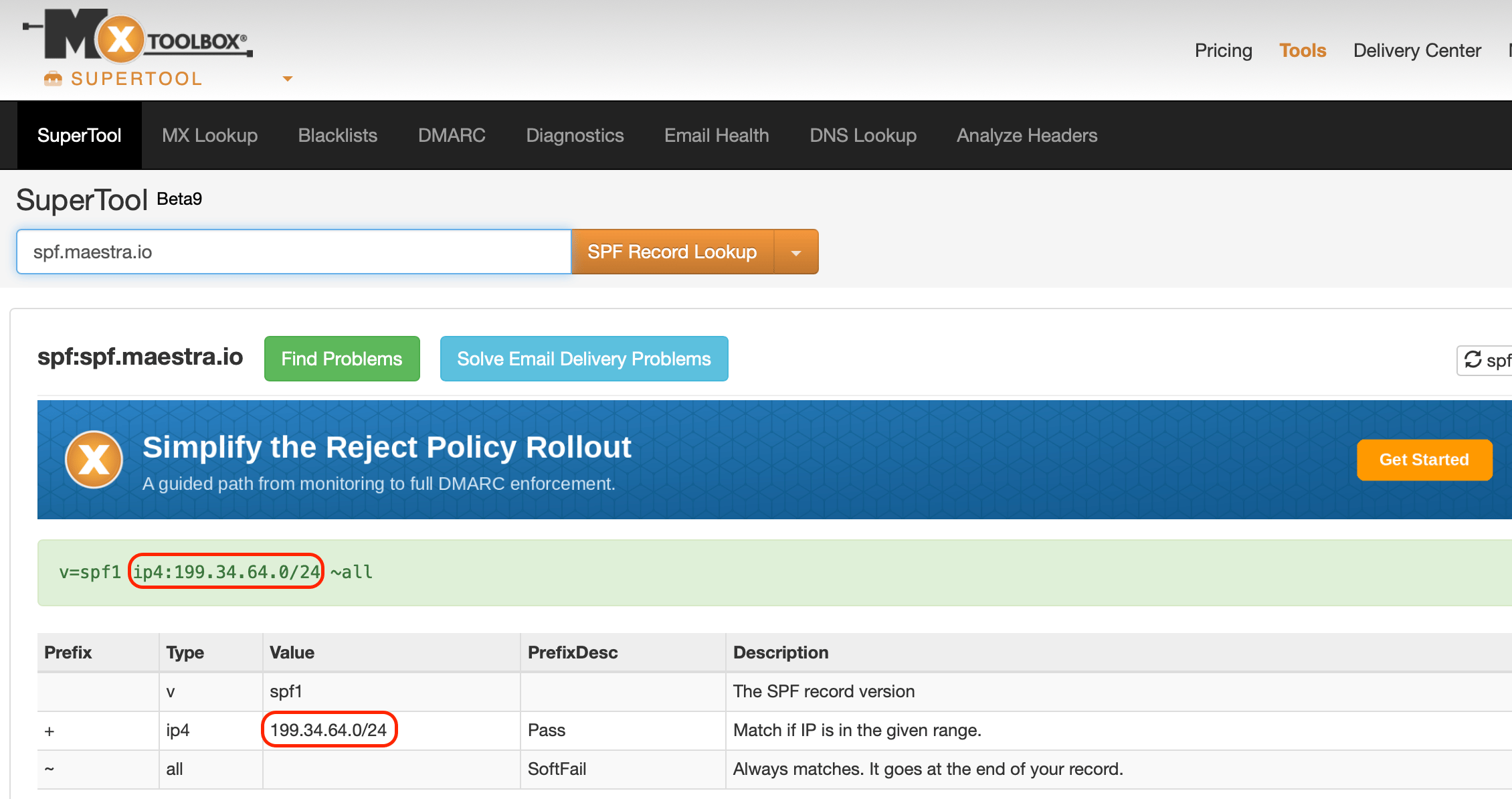SPF Record Lookup results for spf.maestra.io on MxToolbox