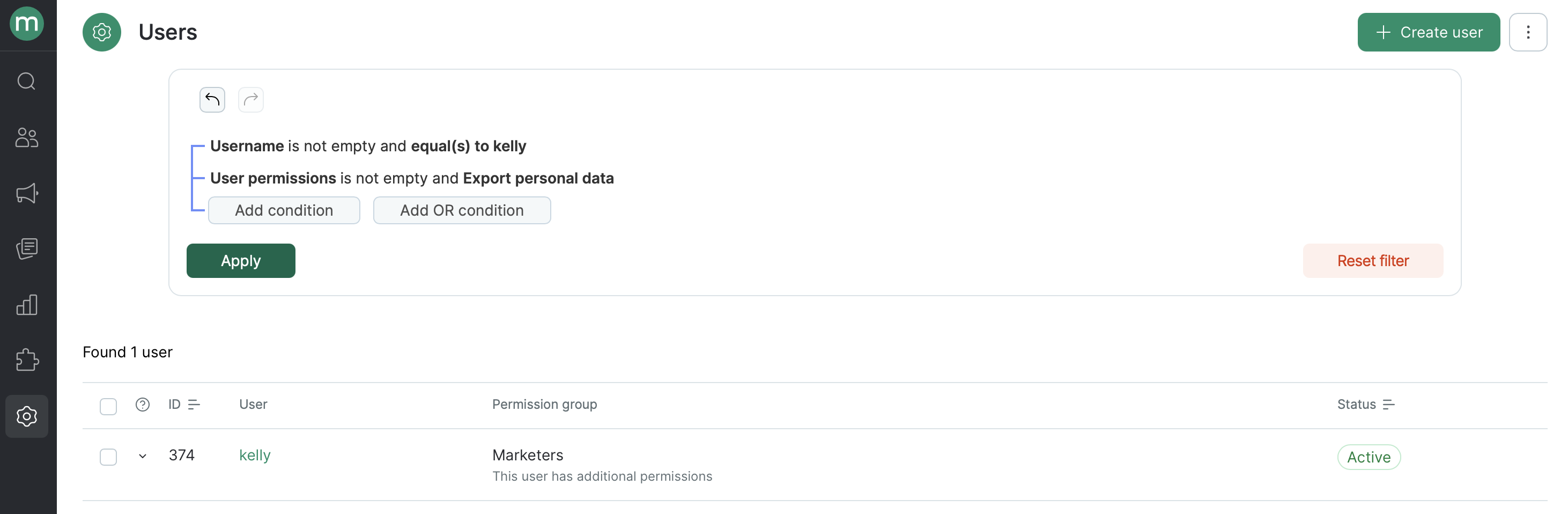 Filter matching a user who has the permission