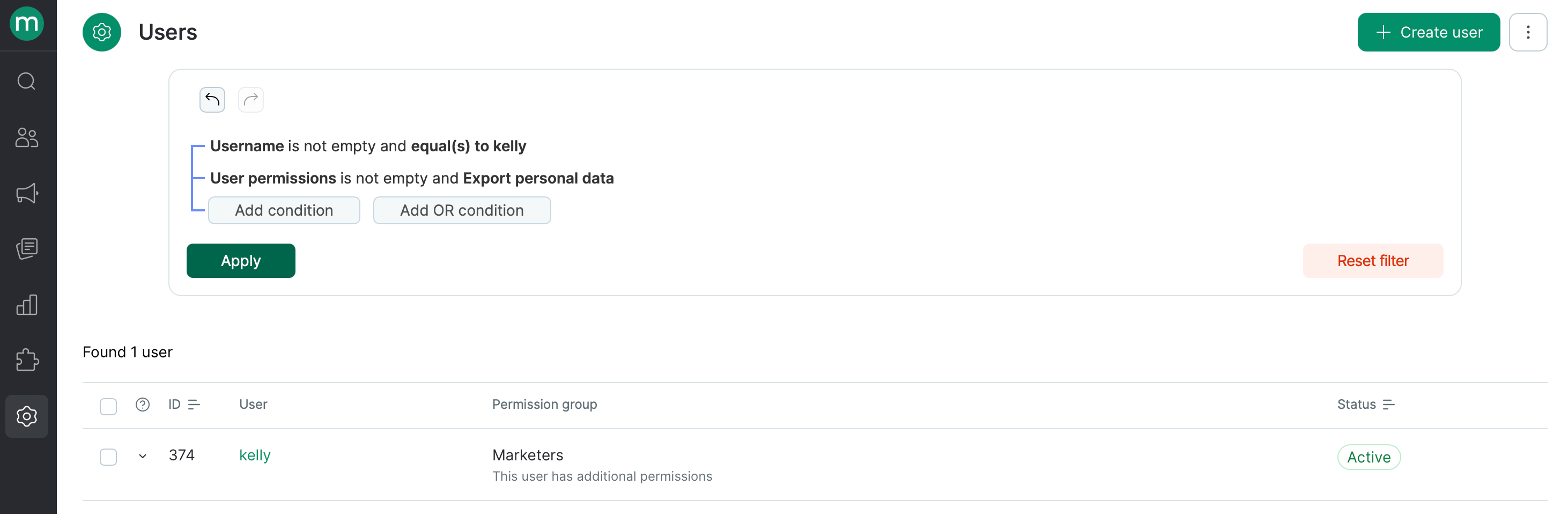 Filter matching a user who has the permission