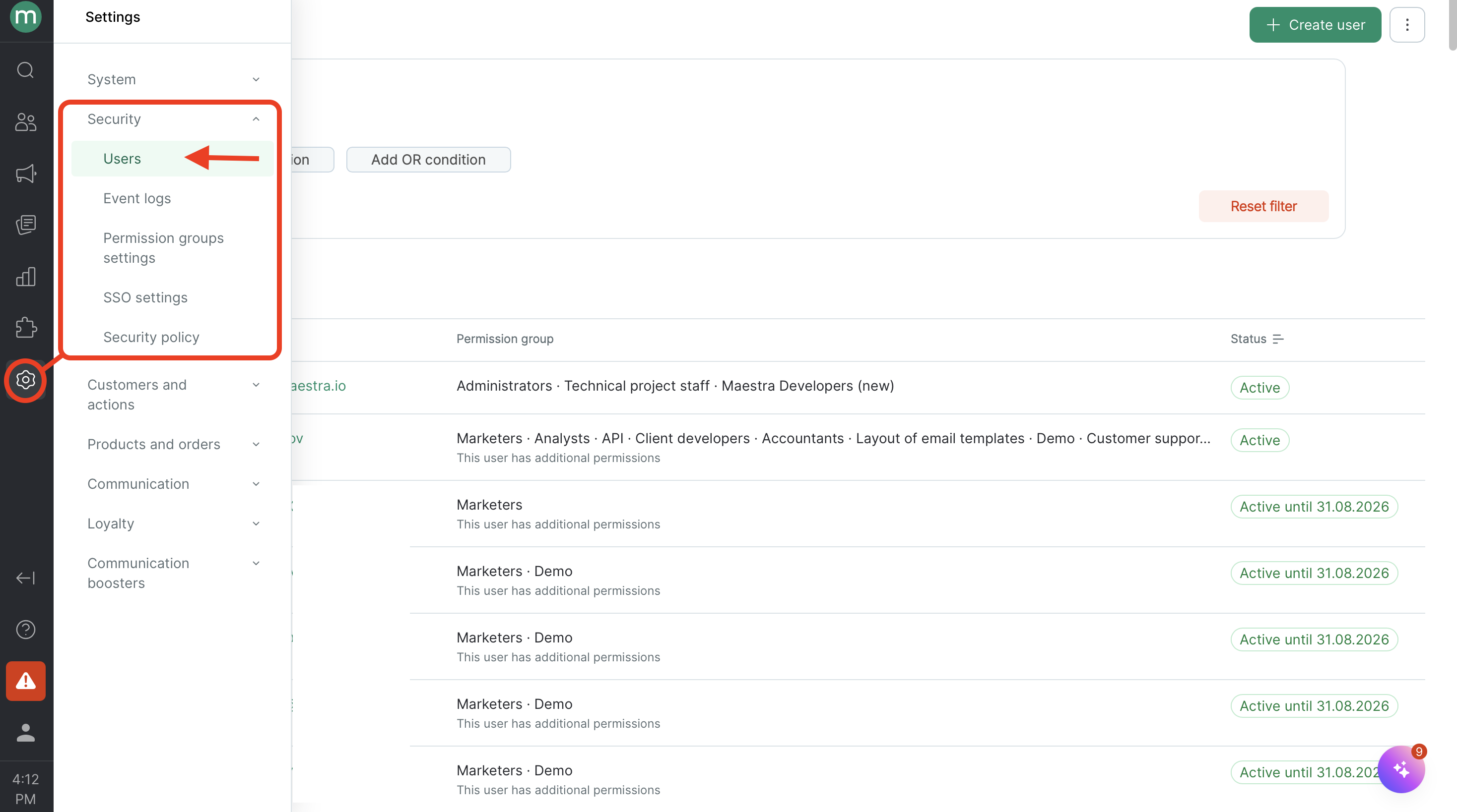 Settings Security Users