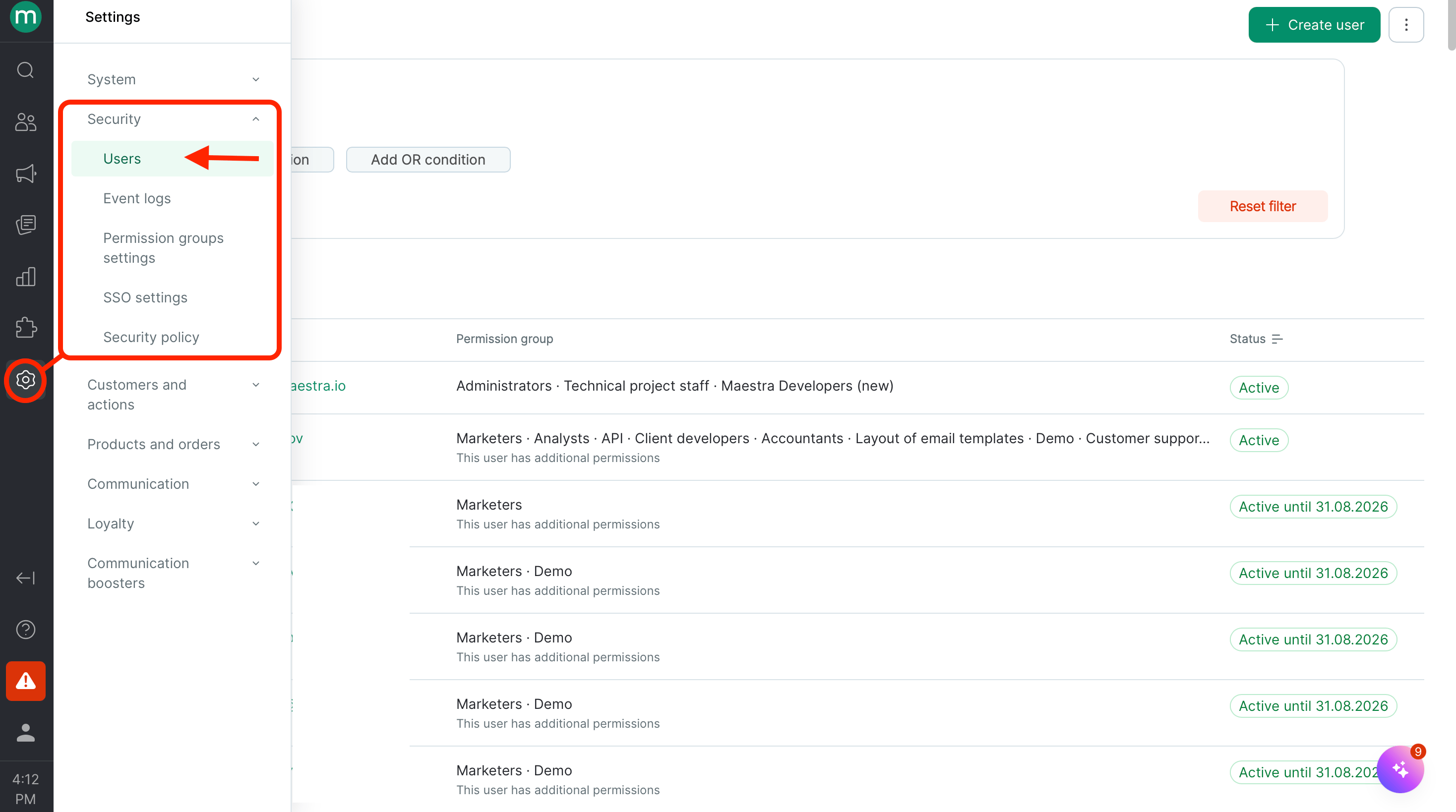 Settings Security Users