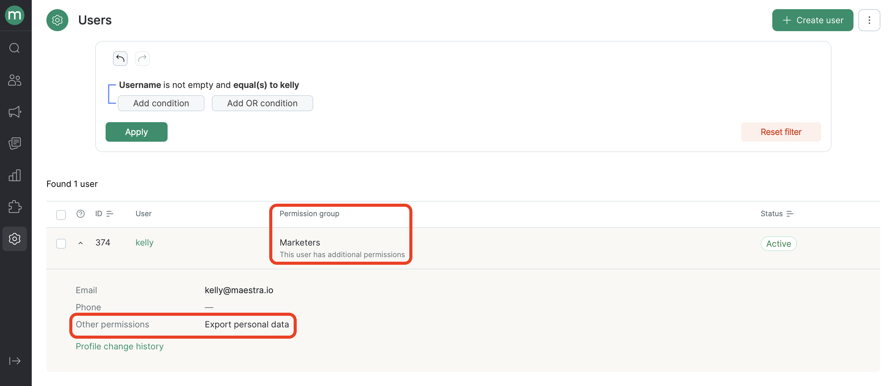 Expanded user row in the users list